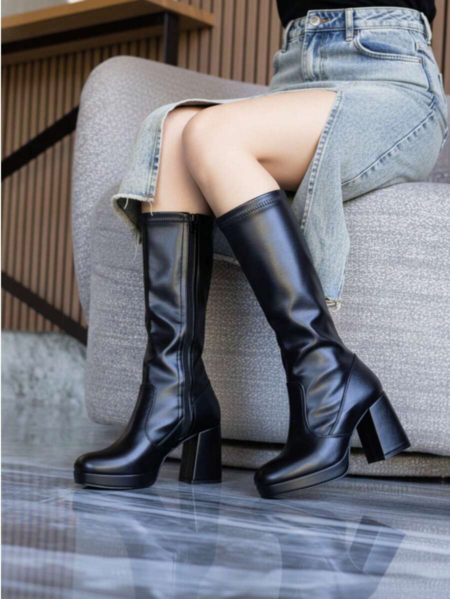 Botas de Piel Sintética con Plataforma y Tacon de Bloque