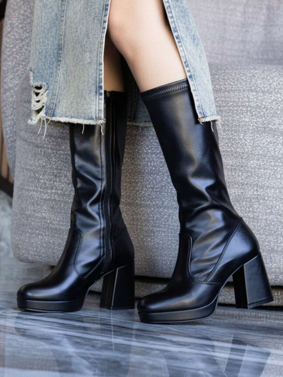 Botas de Piel Sintética con Plataforma y Tacon de Bloque
