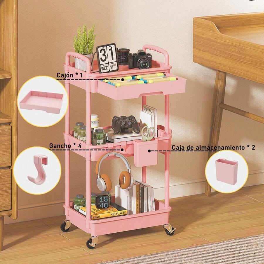 Organizador de carrito utilitario de 3 niveles con cajón extraíble