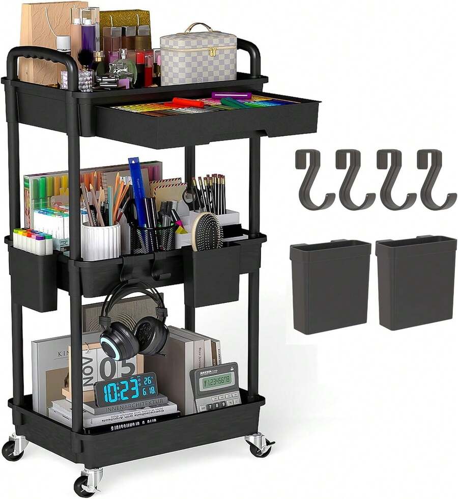 Organizador de carrito utilitario de 3 niveles con cajón extraíble