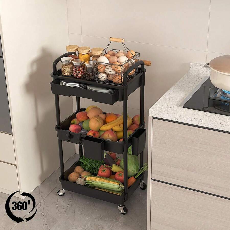 Organizador de carrito utilitario de 3 niveles con cajón extraíble