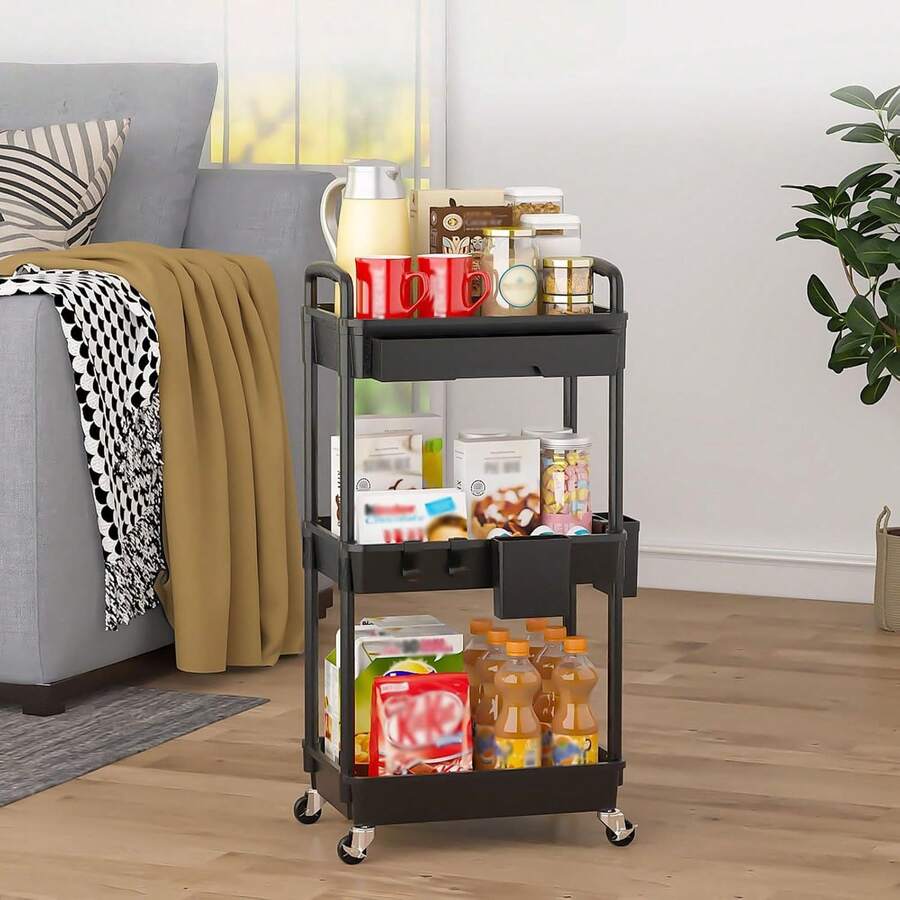 Organizador de carrito utilitario de 3 niveles con cajón extraíble