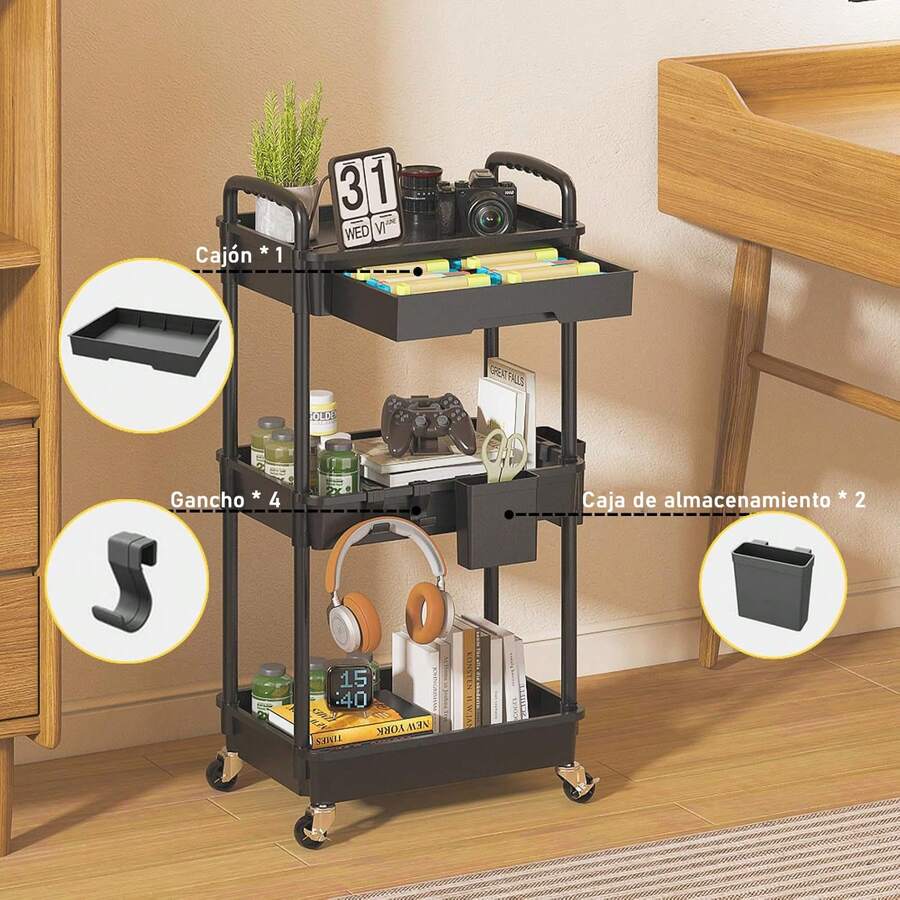 Organizador de carrito utilitario de 3 niveles con cajón extraíble