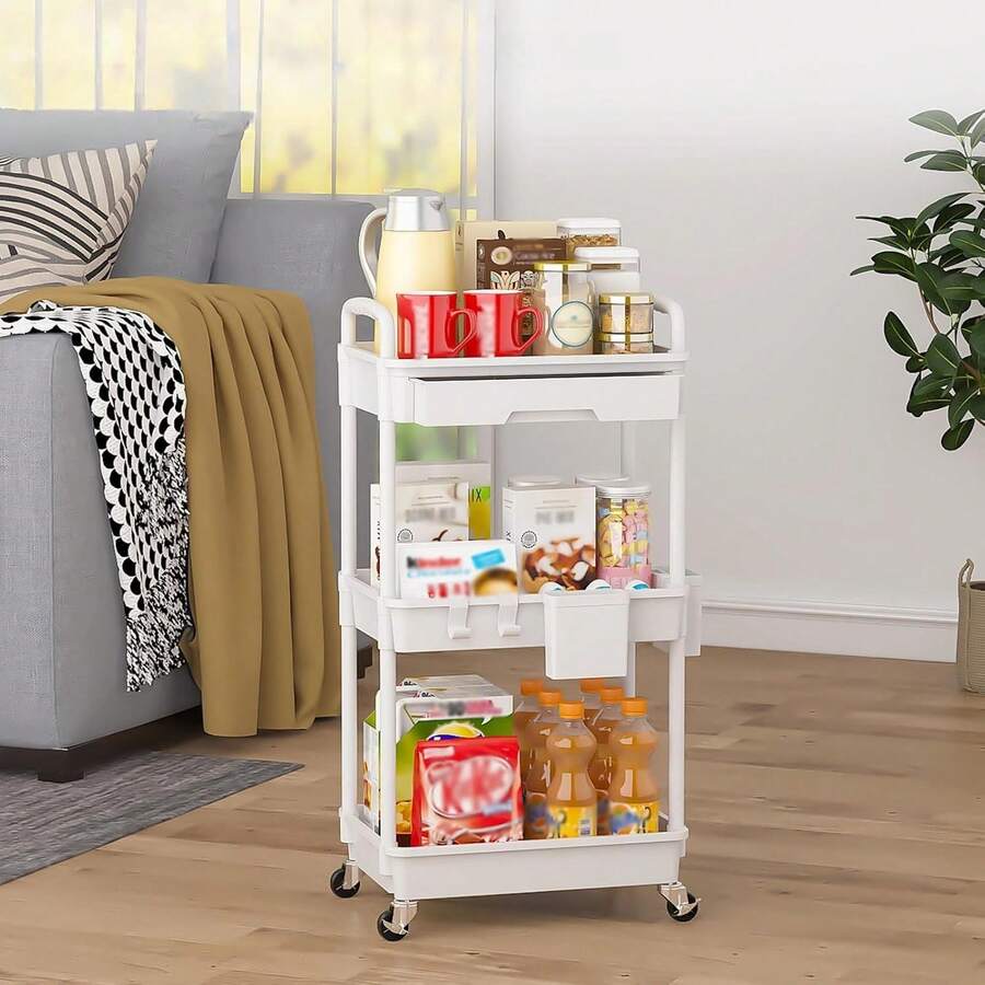 Organizador de carrito utilitario de 3 niveles con cajón extraíble