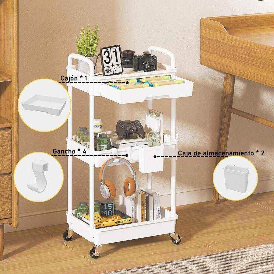 Organizador de carrito utilitario de 3 niveles con cajón extraíble