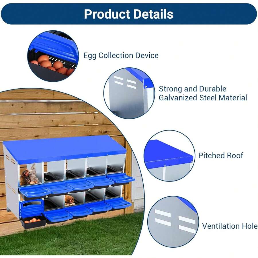 Cajón de Nidificación de Metal para Gallinas de 10 Huecos