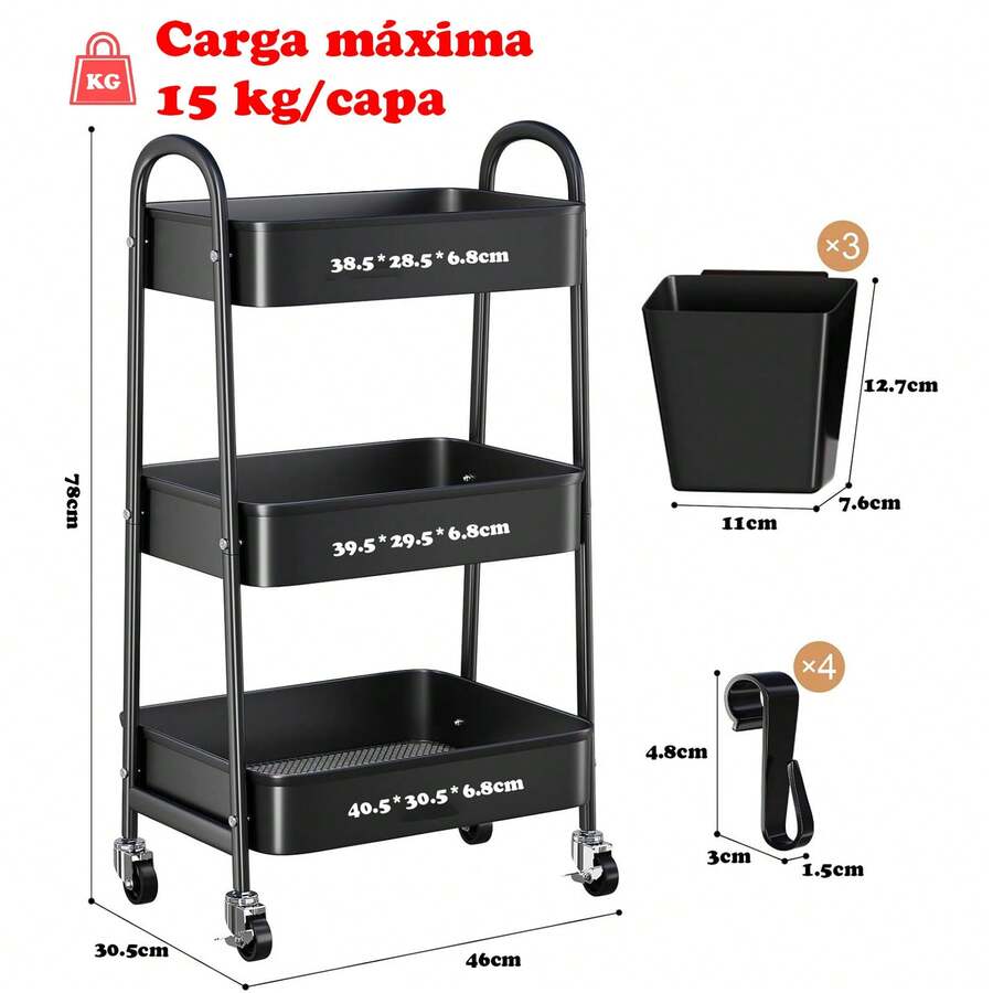 Carrito de metal de 3 niveles con ruedas