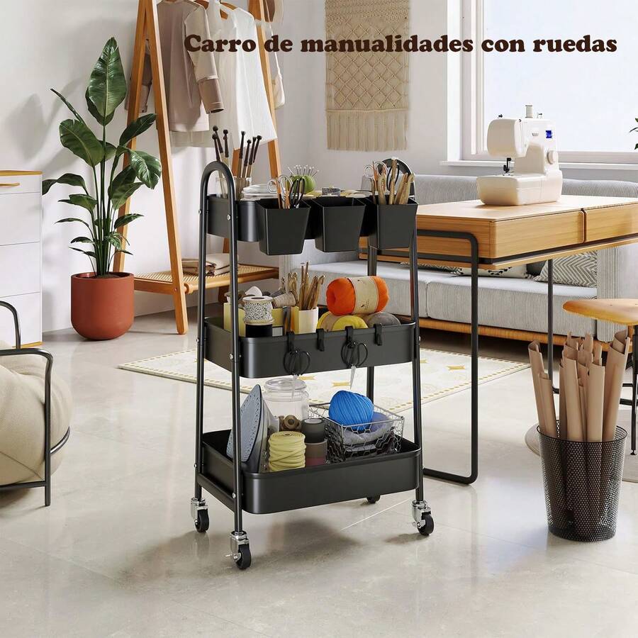 Carrito de metal de 3 niveles con ruedas