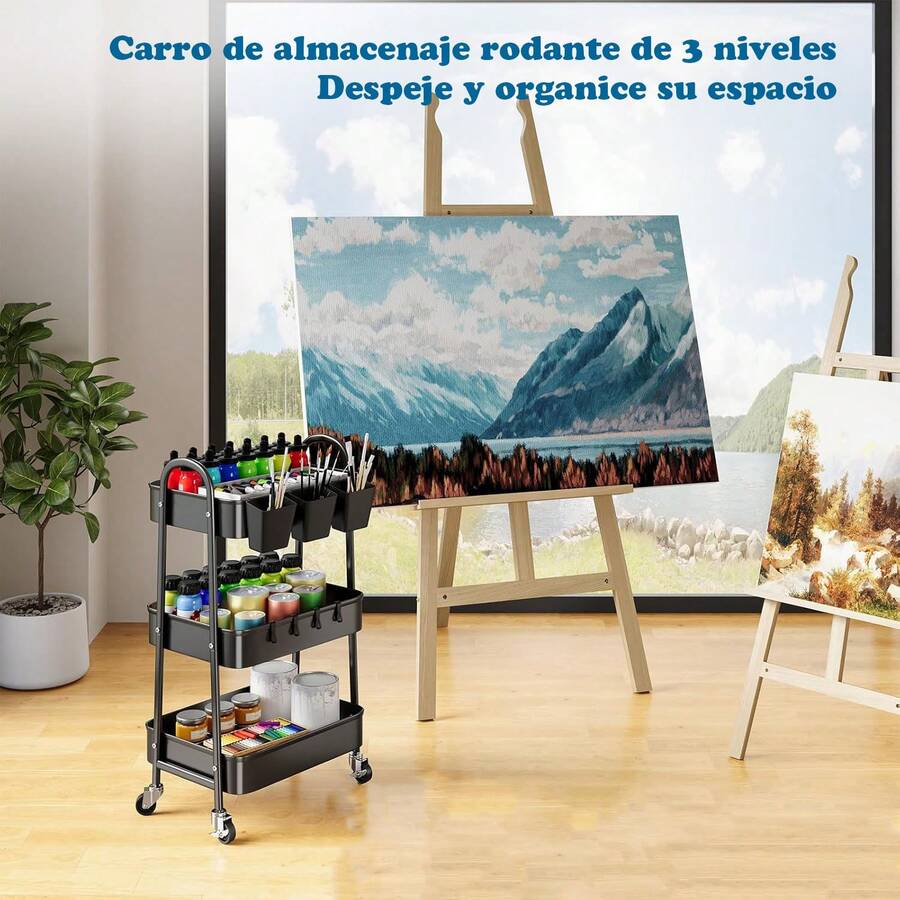 Carrito de metal de 3 niveles con ruedas