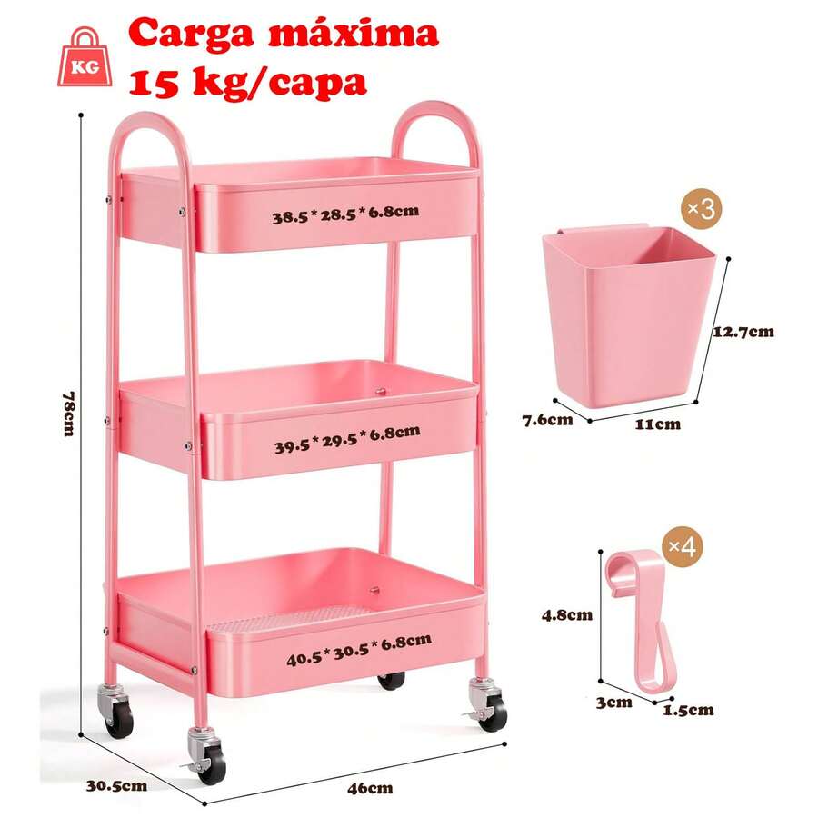 Carrito de metal de 3 niveles con ruedas