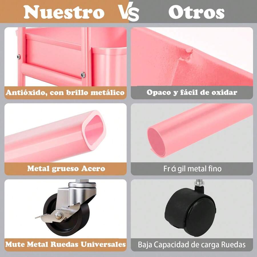 Carrito de metal de 3 niveles con ruedas