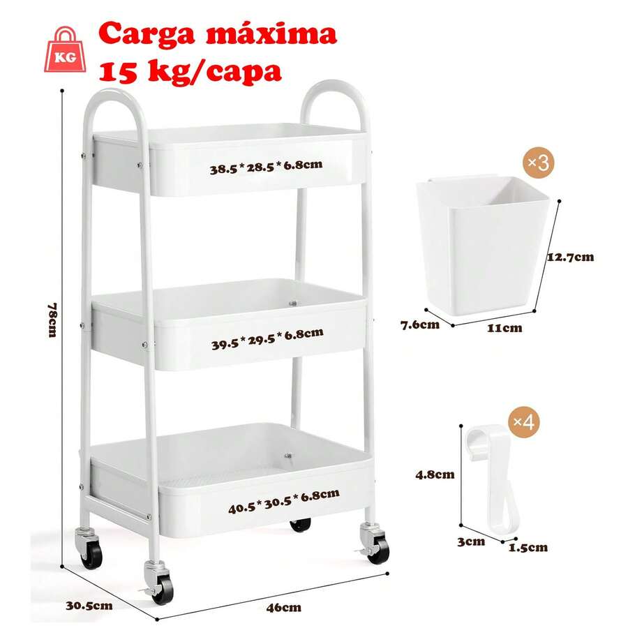 Carrito de metal de 3 niveles con ruedas