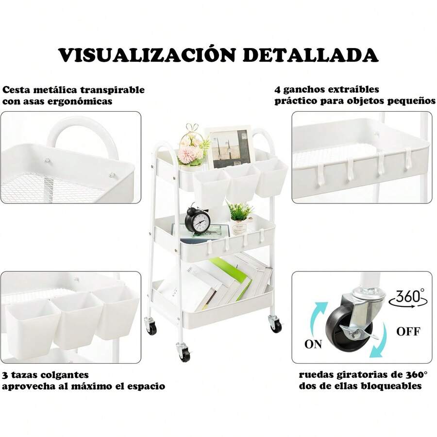 Carrito de metal de 3 niveles con ruedas