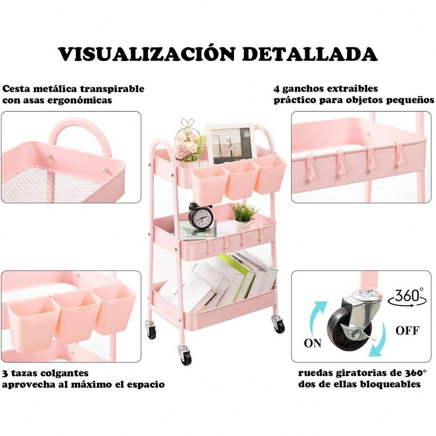 Carrito de metal de 3 niveles con ruedas