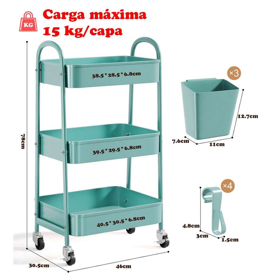 Carrito de metal de 3 niveles con ruedas