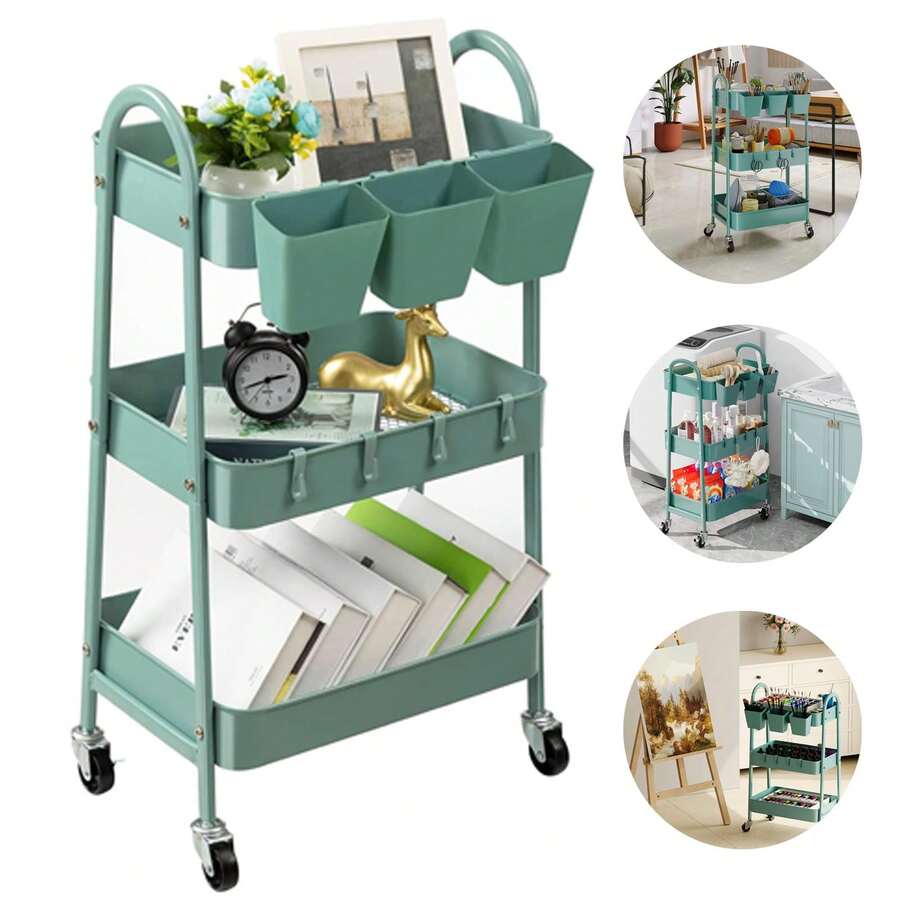 Carrito de metal de 3 niveles con ruedas