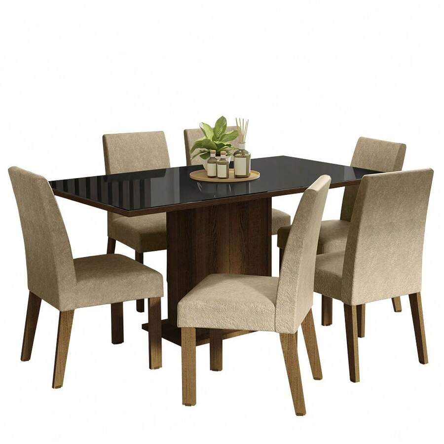 Juego De Comedor Con Mesa Tapa De Cristal Y 6 Sillas