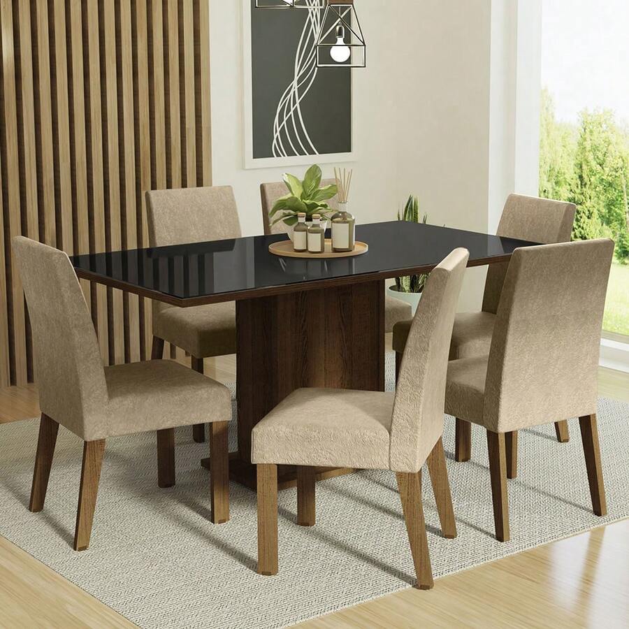 Juego De Comedor Con Mesa Tapa De Cristal Y 6 Sillas