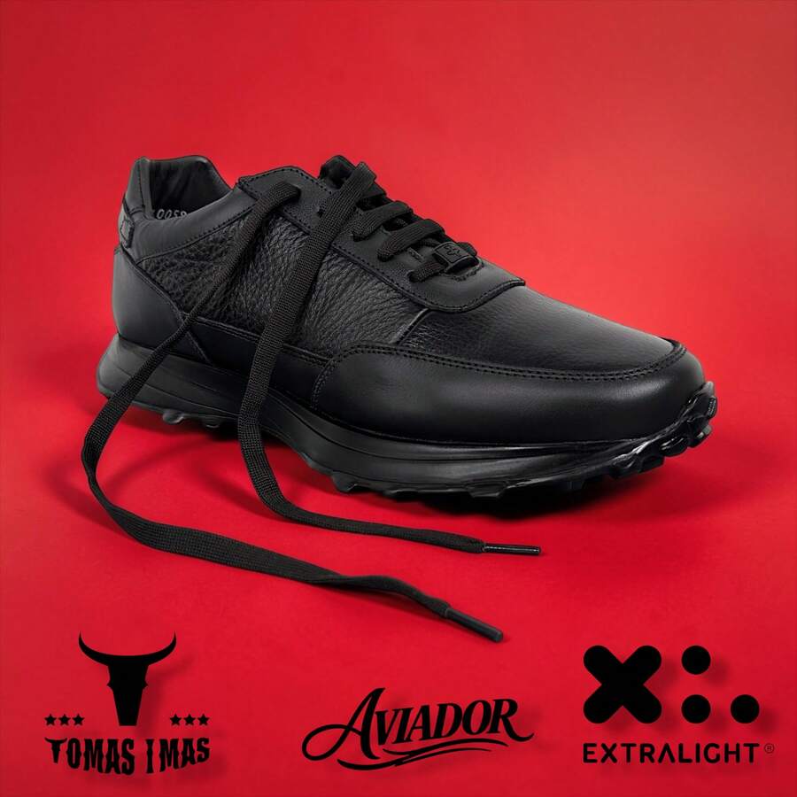 Aviador Sneakers Piel Genuina Suave Suela Xl Extralight® Negro Total Calzado Comodo Hecho En Mexico.