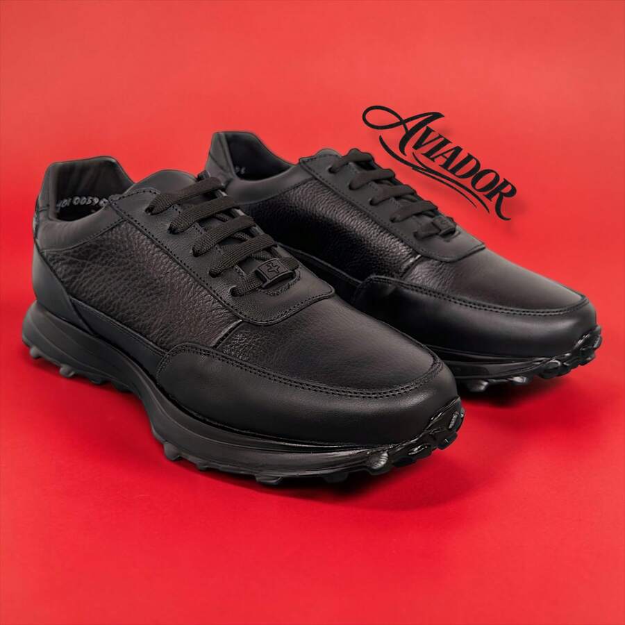 Aviador Sneakers Piel Genuina Suave Suela Xl Extralight® Negro Total Calzado Comodo Hecho En Mexico.