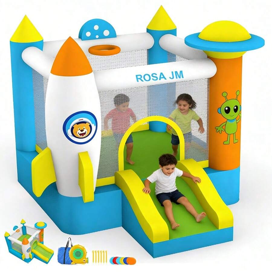 Castillo hinchable grande con diseño de cohetes azul