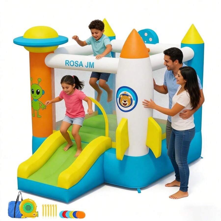 Castillo hinchable grande con diseño de cohetes azul