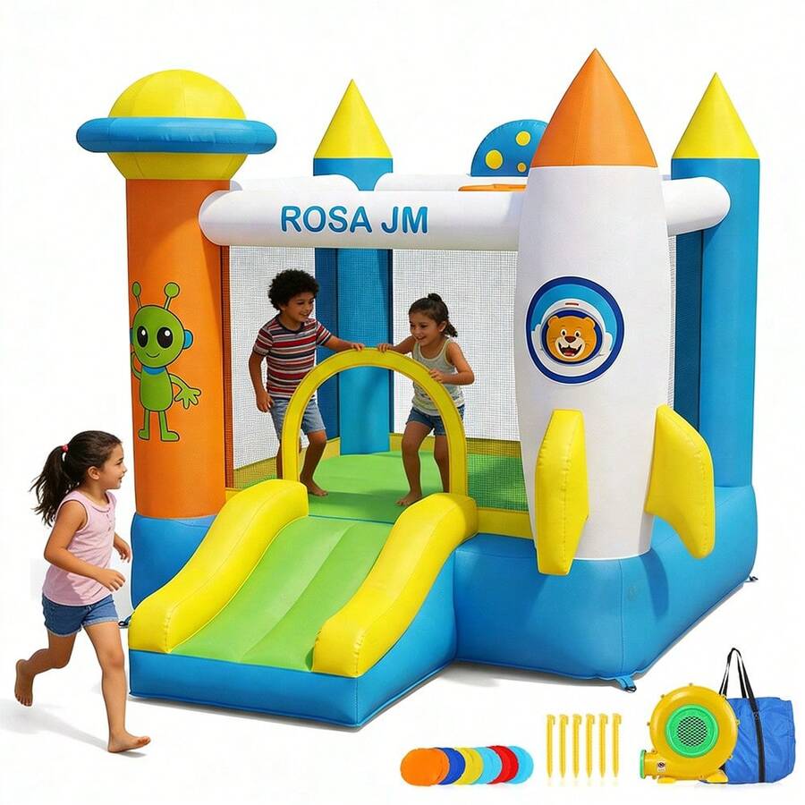 Castillo hinchable grande con diseño de cohetes azul