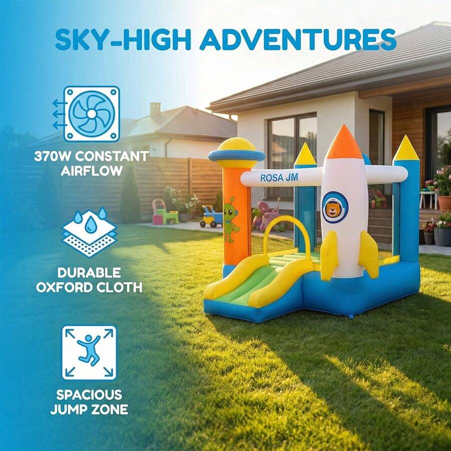 Castillo hinchable grande con diseño de cohetes azul