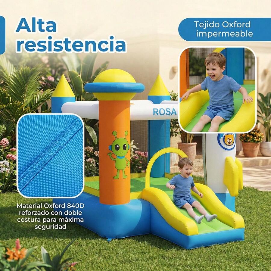 Castillo hinchable grande con diseño de cohetes azul
