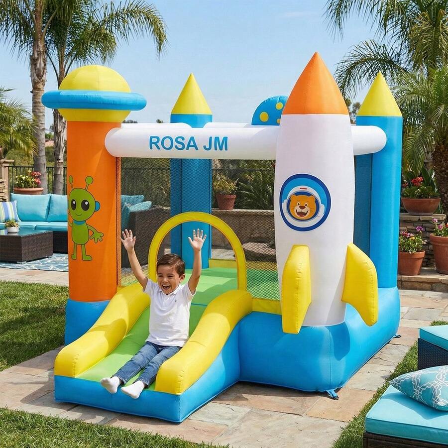 Castillo hinchable grande con diseño de cohetes azul