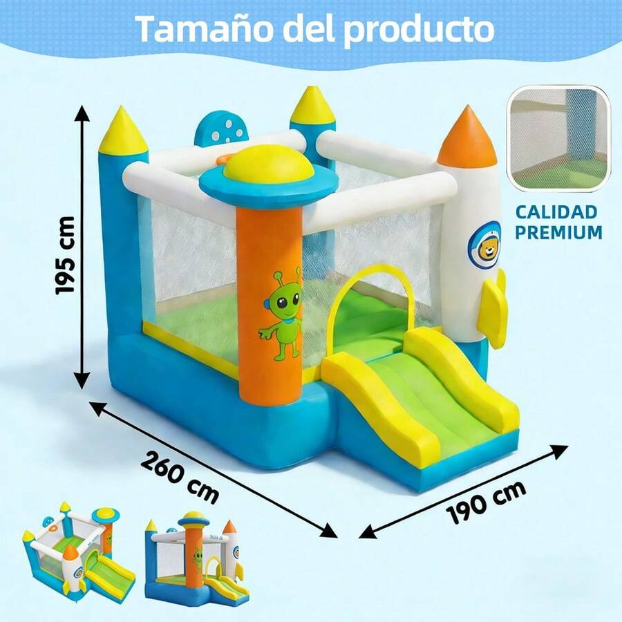 Castillo hinchable grande con diseño de cohetes azul