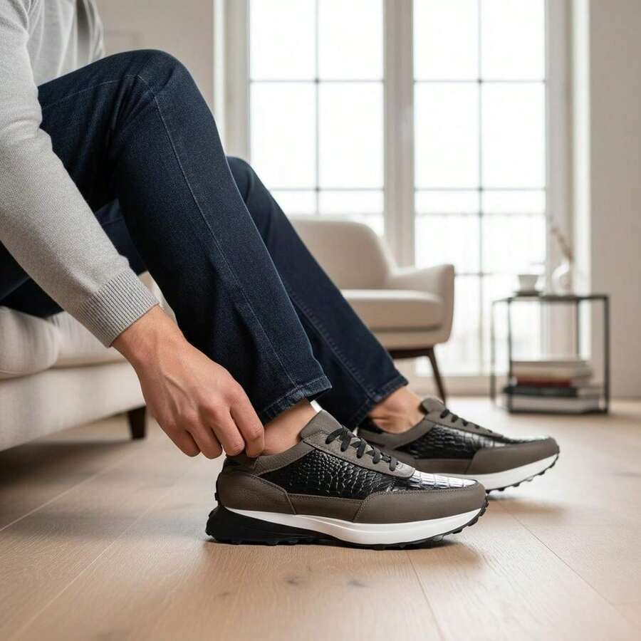 Tenis De Lujo Crocodile Negro Piel Silver Suela Extralight®