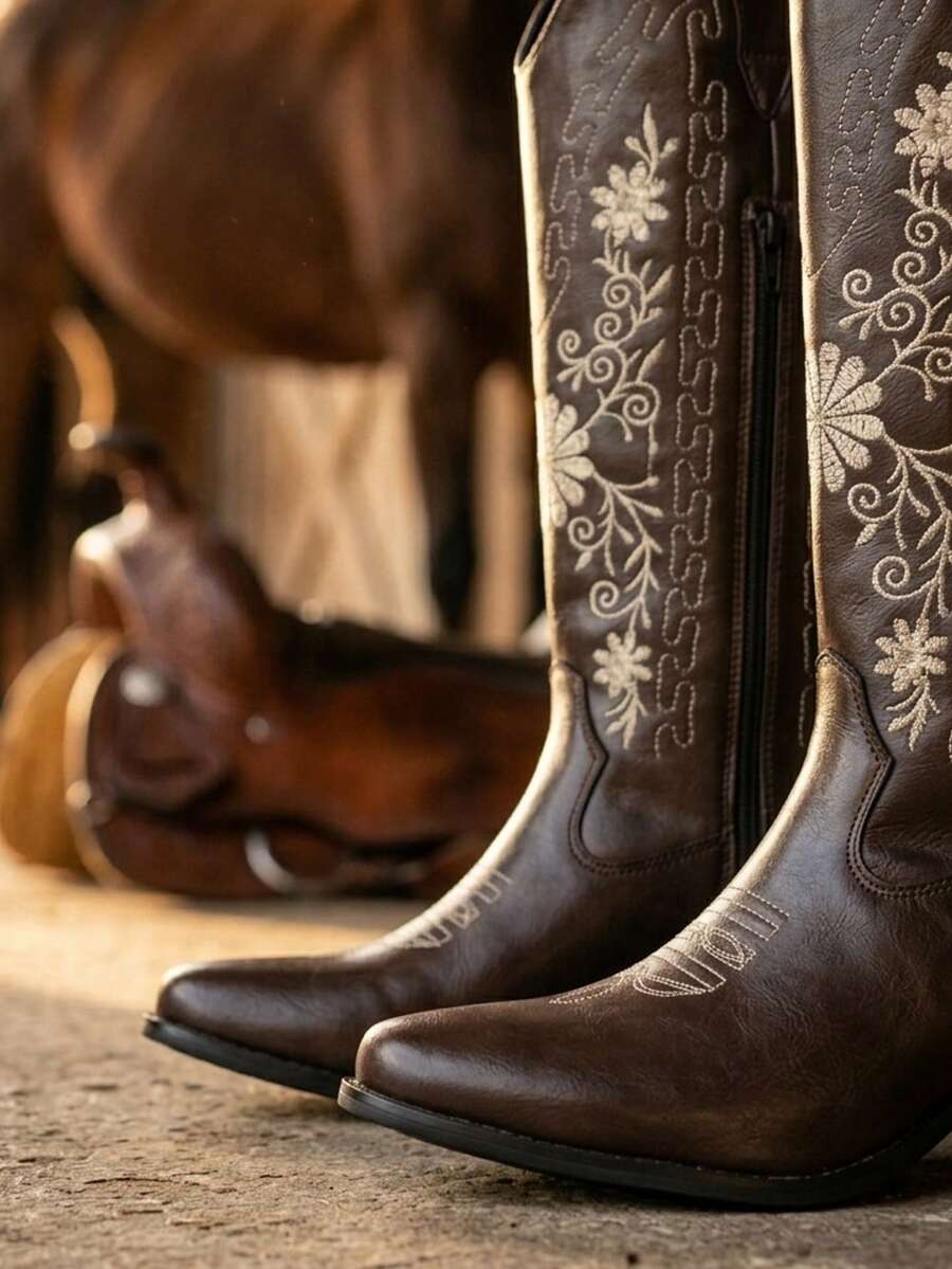 Botas vaqueras con bordado de flores tacón bajo y cómodo