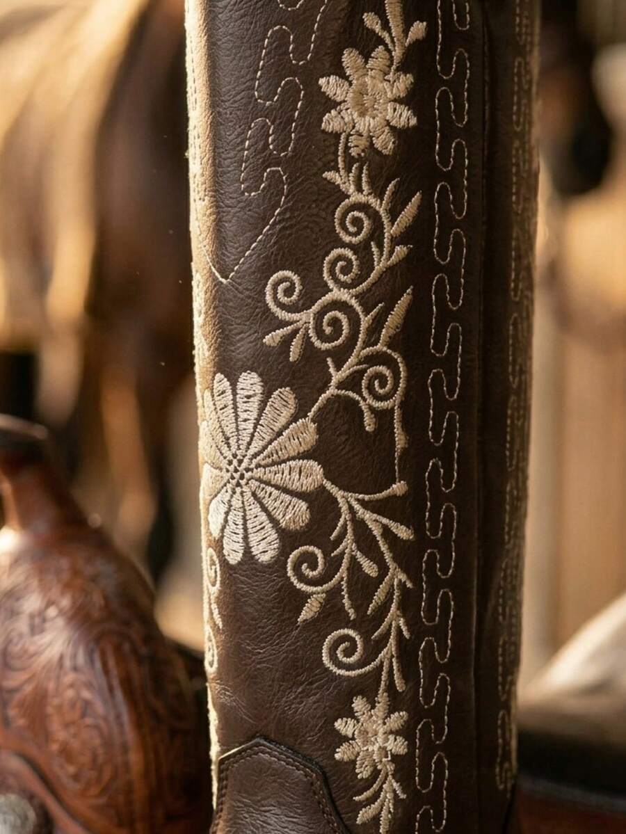 Botas vaqueras con bordado de flores tacón bajo y cómodo