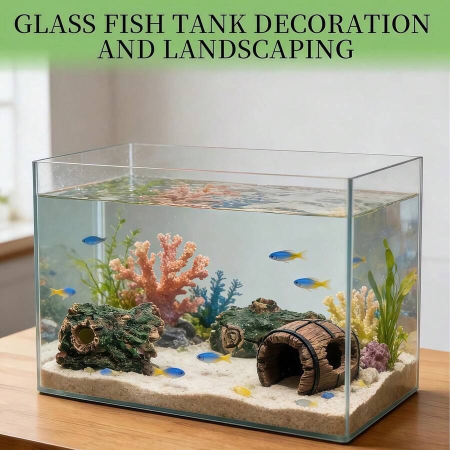 3 piezas Decoración de acuario de resina Cueva, Escondite de camarones, Accesorios de vidrio para pecera, Diseño de tronco de árbol Refugio