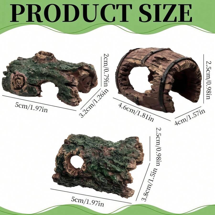 3 piezas Decoración de acuario de resina Cueva, Escondite de camarones, Accesorios de vidrio para pecera, Diseño de tronco de árbol Refugio