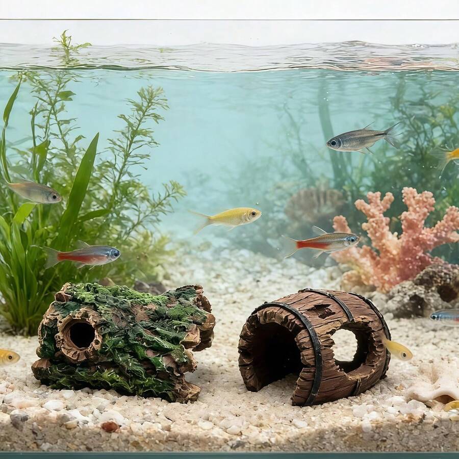 3 piezas Decoración de acuario de resina Cueva, Escondite de camarones, Accesorios de vidrio para pecera, Diseño de tronco de árbol Refugio