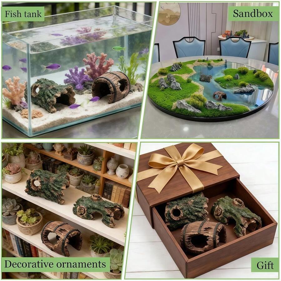 3 piezas Decoración de acuario de resina Cueva, Escondite de camarones, Accesorios de vidrio para pecera, Diseño de tronco de árbol Refugio