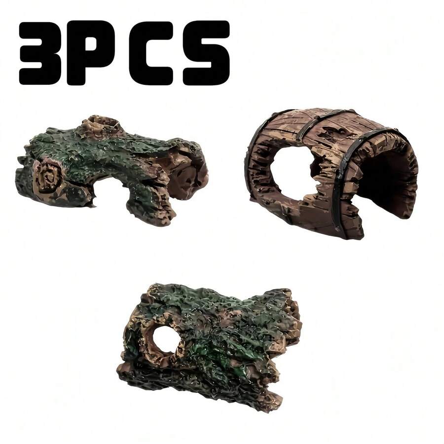 3 piezas Decoración de acuario de resina Cueva, Escondite de camarones, Accesorios de vidrio para pecera, Diseño de tronco de árbol Refugio