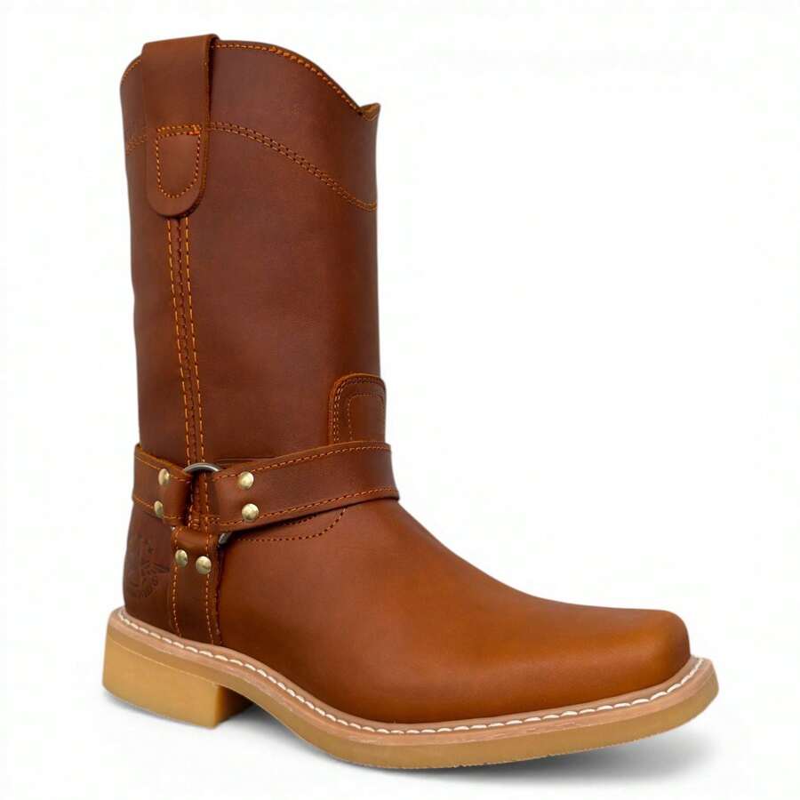 BOTA ESTILO CHOOPER VAQUERA CON ARGOLLAS EN PIEL RODEO CABALLERO MOTOCICLETA CON SUELA ANTI DERRAPE DE HULE
