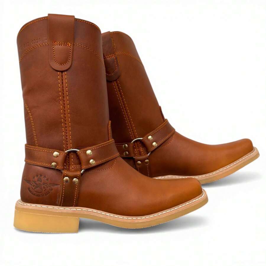 BOTA ESTILO CHOOPER VAQUERA CON ARGOLLAS EN PIEL RODEO CABALLERO MOTOCICLETA CON SUELA ANTI DERRAPE DE HULE