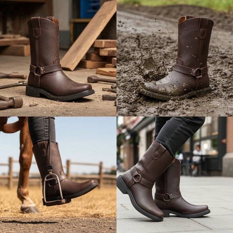 BOTA ESTILO CHOOPER VAQUERA CON ARGOLLAS EN PIEL RODEO CABALLERO MOTOCICLETA CON SUELA ANTI DERRAPE DE HULE