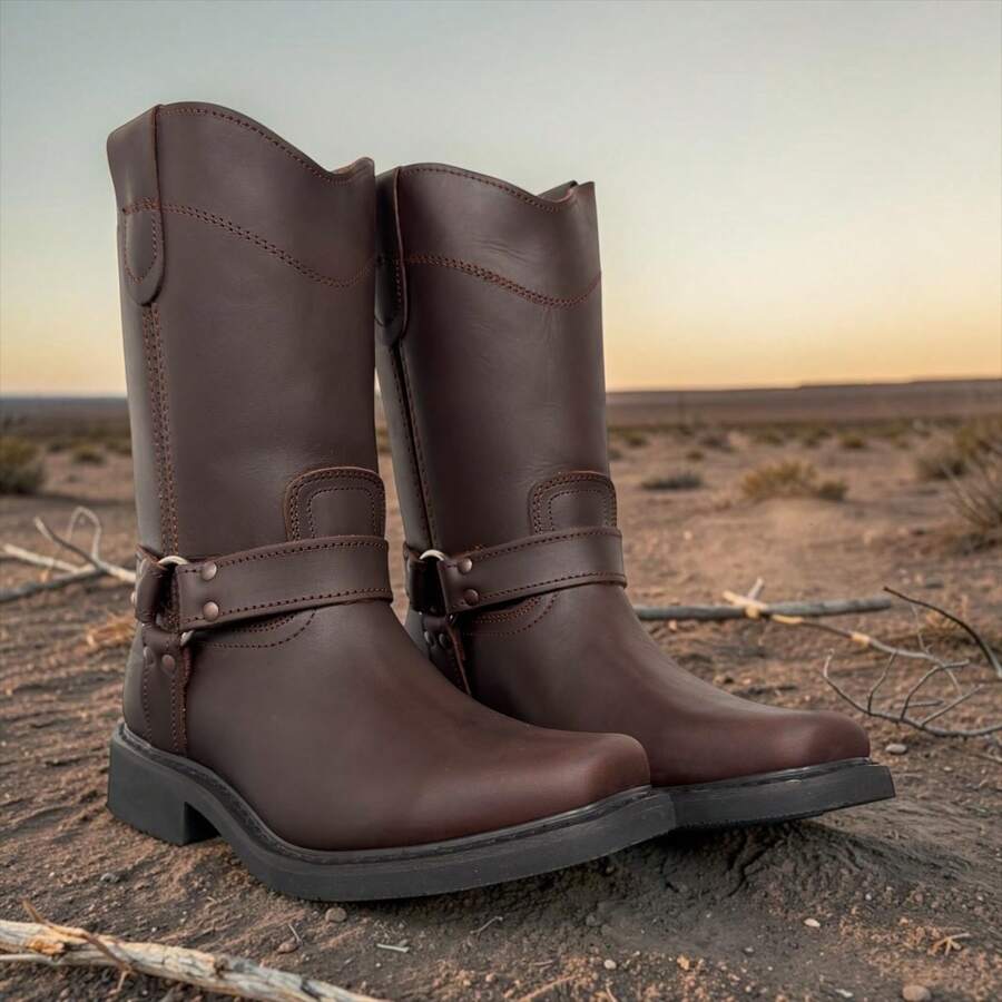 BOTA ESTILO CHOOPER VAQUERA CON ARGOLLAS EN PIEL RODEO CABALLERO MOTOCICLETA CON SUELA ANTI DERRAPE DE HULE