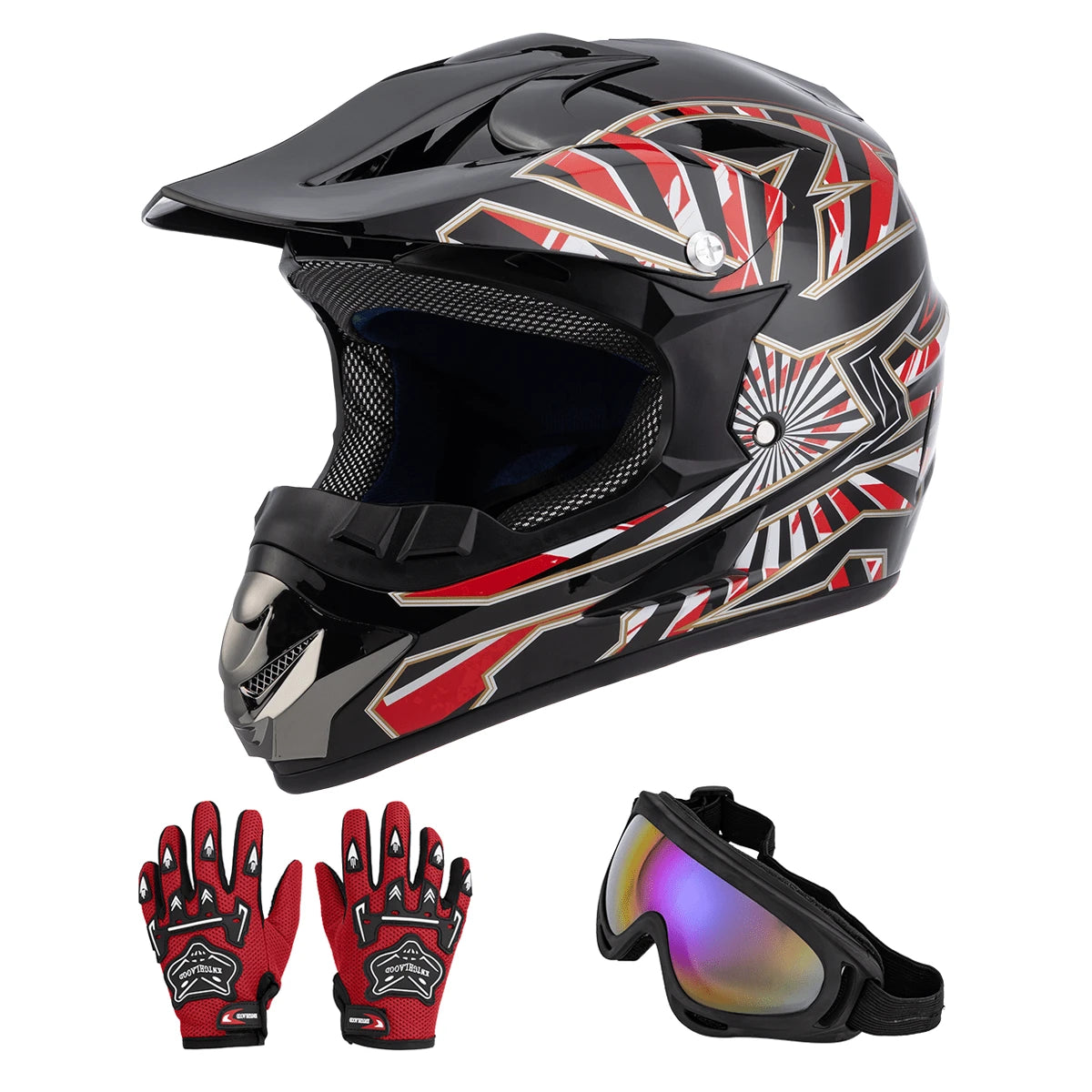 Casco Cross Infantil Niño Moto Con Gafas Guantes Negro+rojo -L
