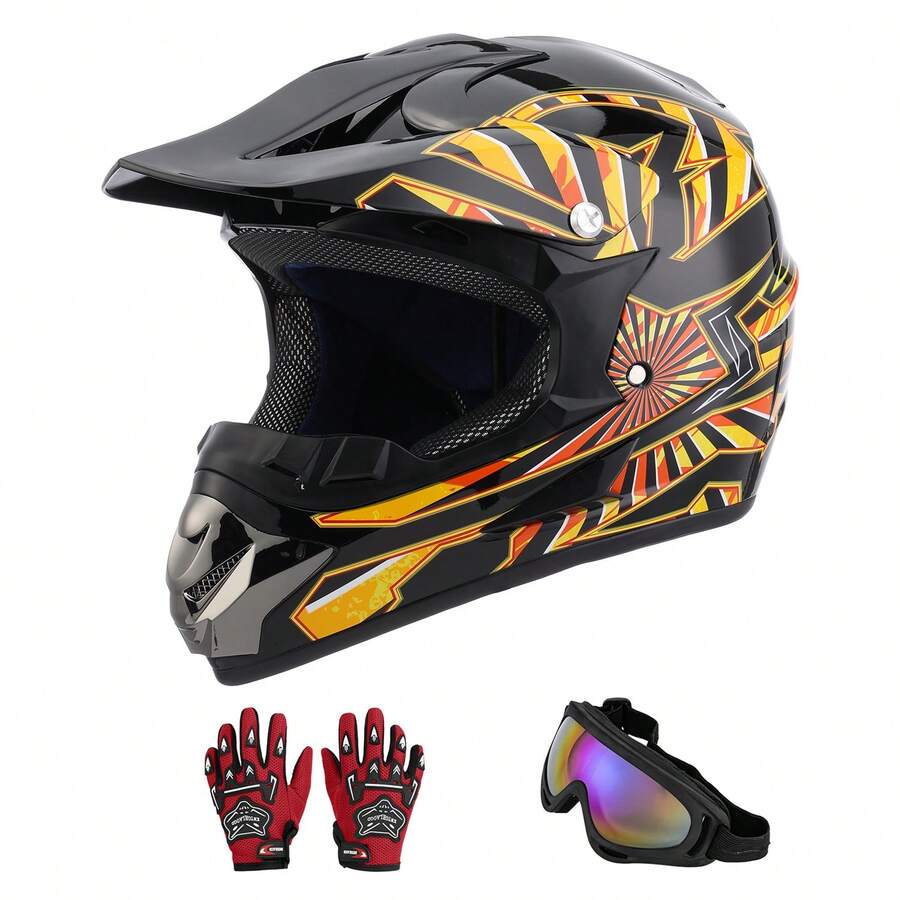 Casco Cross Infantil Niño Moto Con Gafas Guantes Naranja -S