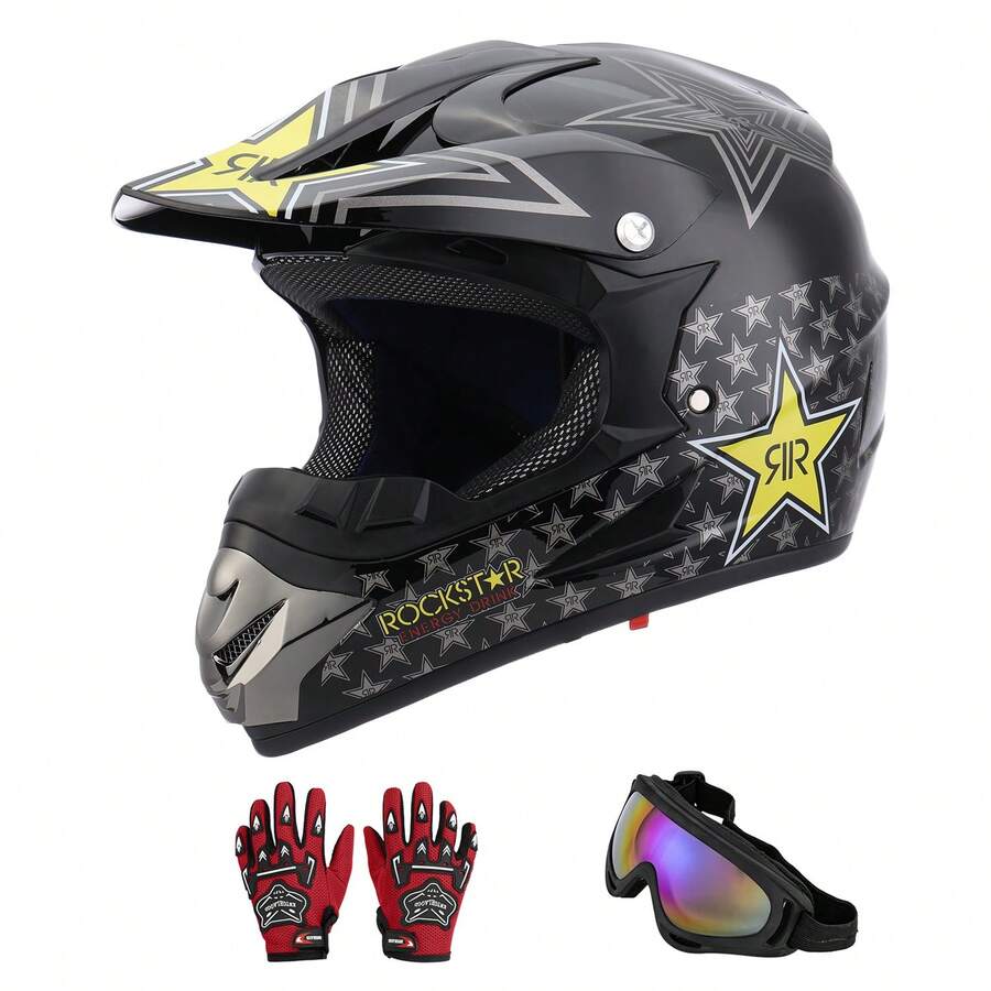 Casco Cross Infantil Niño Moto Con Gafas Guantes Estrella -L