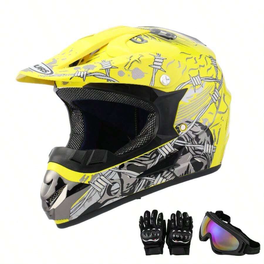 Casco Cross Infantil Niño Moto Con Gafas Guantes Amarillo -S