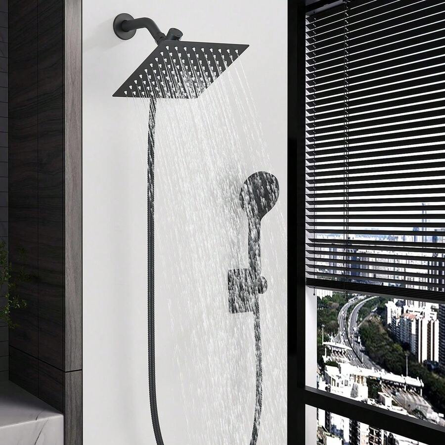 Cabezal de ducha negro mate de 20 cm con efecto lluvia