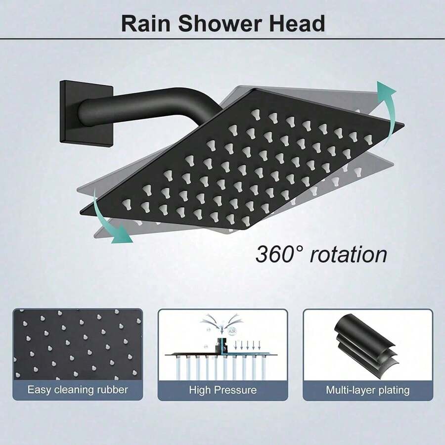 Cabezal de ducha negro mate de 20 cm con efecto lluvia