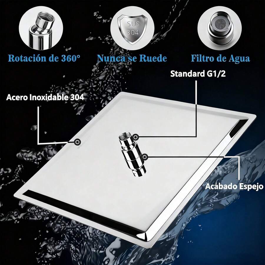 Cabezal de ducha negro mate de 20 cm con efecto lluvia